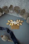 Carole, peigne de mariage en forme de feuilles dorées, orné de perles en cristal et nacrées ivoires