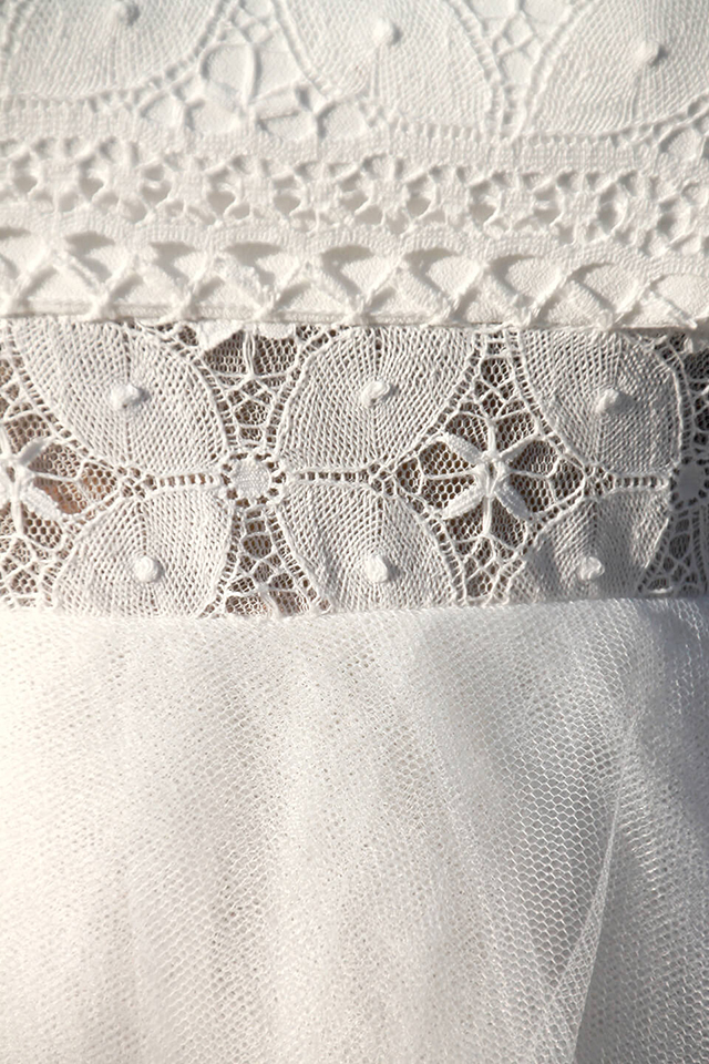 marjolaine robe de mariee sur mesure ceinture en dentelle transparente motif geometrique jupe en tulle arles
