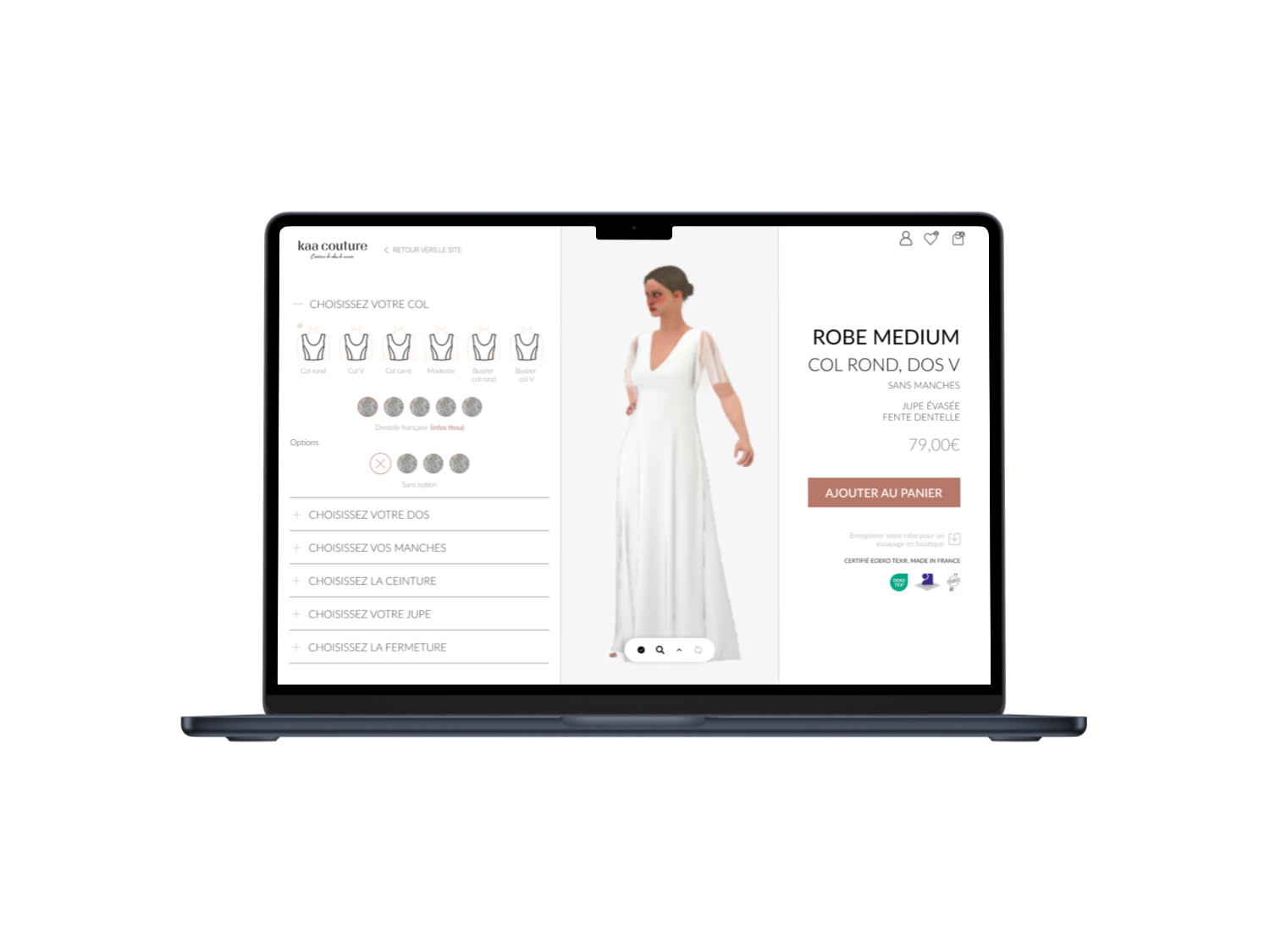 vue pc de l'outil 3d de personnalisation de robe de mariee kaa couture