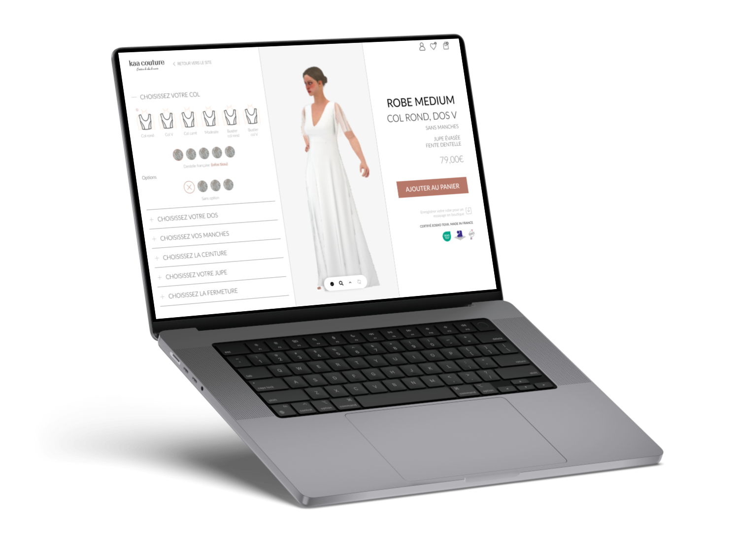 Interface de personnalisation en ligne d’une robe de mariée demi-mesure avec l’outil 3D développé par Kaa Couture